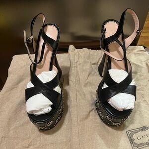 Gucci Black Leather Studded Platform Slingback Heels